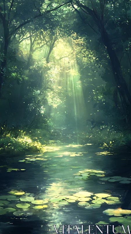 Enchanted Forest Stream with Golden Sunlight.