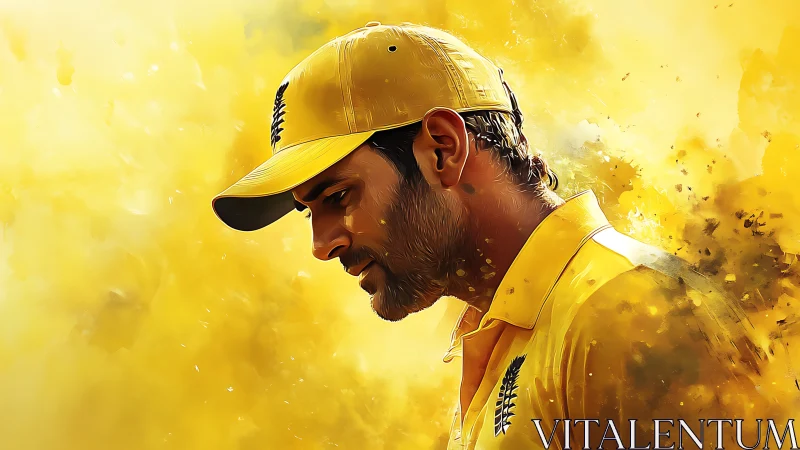 Sunlit cricketer drifts through a storm of molten yellow dust