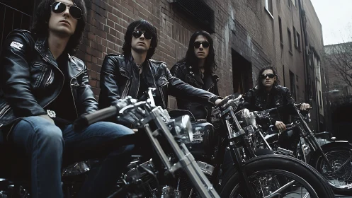 Leather clad riders share a bold moment on city motorcycles