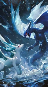 Icy dragon duel amid swirling nocturnal stormscape.