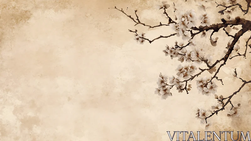 Cherry blossom branch on textured beige background.