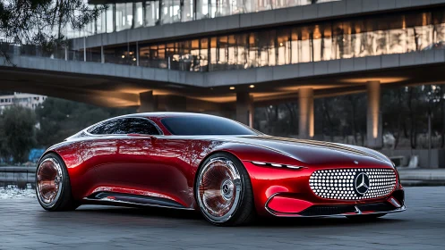 Striking red concept car glides confidently through the city