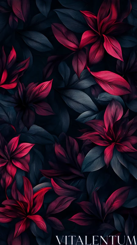 Crimson tropical leaves bloom against deep midnight shadows