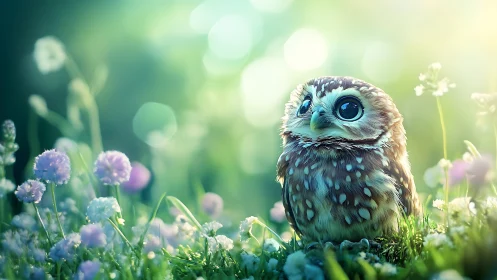 Adorable baby owl in dreamy spring meadow, digital art style.