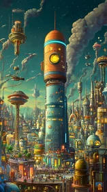 Dense futuristic cityscape with central rocket tower.