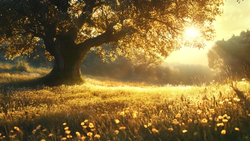 Sunlit meadow with solitary broad tree at low horizon sun.