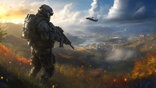 Armored sentinel overlooking a blazing autumn war valley.