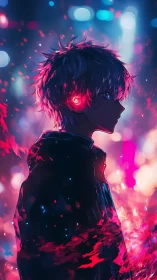 Luminous-haired anime youth glows softly in neon night haze