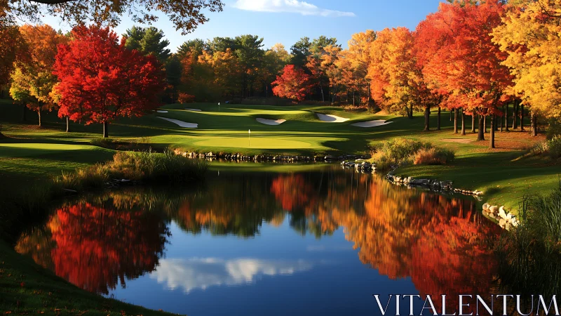 Glowing autumn golf course rests beside a mirror-still pond