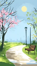 Park path with empty bench under spring trees at noon.