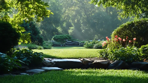 Sunlit garden lawn leads toward stone steps and lush trees