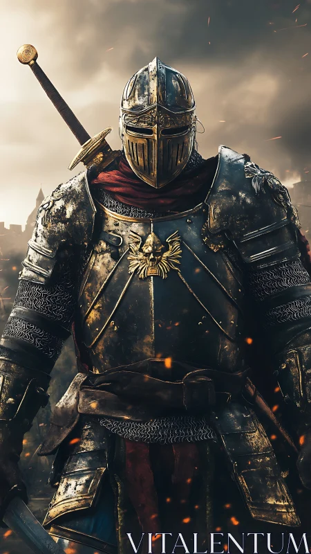 Armored crusader in battleworn plate under stormy sky.