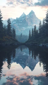 Snowy mountain peak mirrored in calm forest lake at dawn.