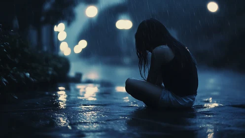 Solitary figure in nocturnal rain rendered in photoreal gloom