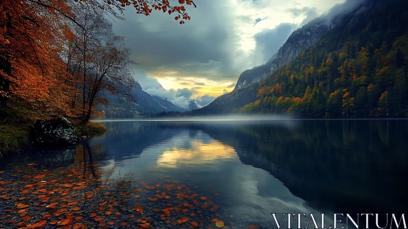 Autumnal alpine lake with reflective symmetry and misted slopes.