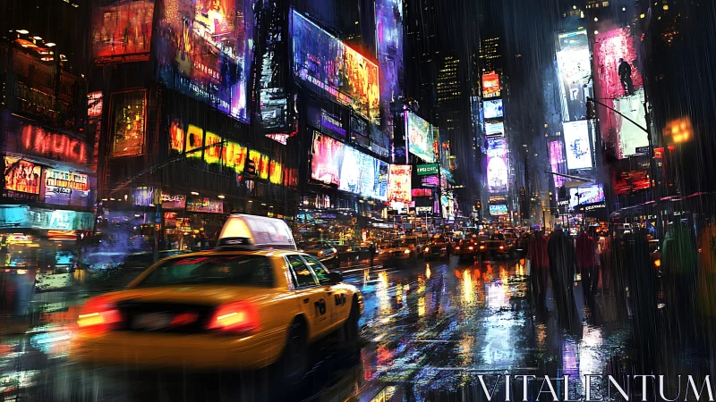 Neon rain over midnight taxis in electric city canyon.