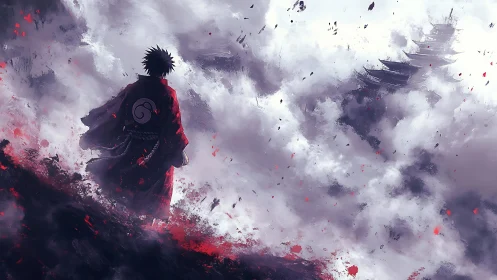 Lone warrior in red cloak confronts stormy shrine skyline.