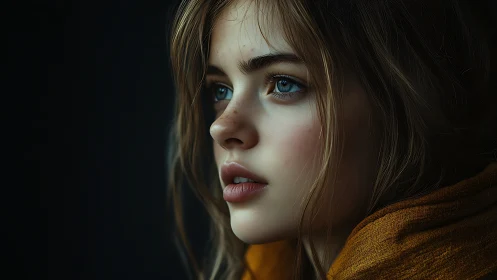 Portrait of a young woman in soft side light, close profile.