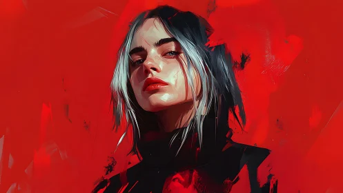 Moody digital portrait of woman on vivid red field.