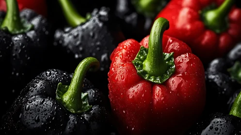 Photorealistic red and black bell peppers with water droplets.