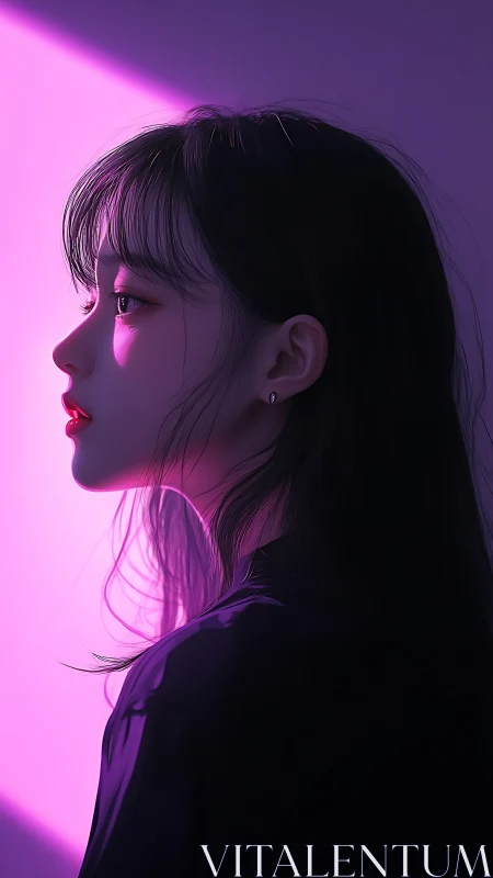 Soft neon side profile bathed in dreamy magenta light.
