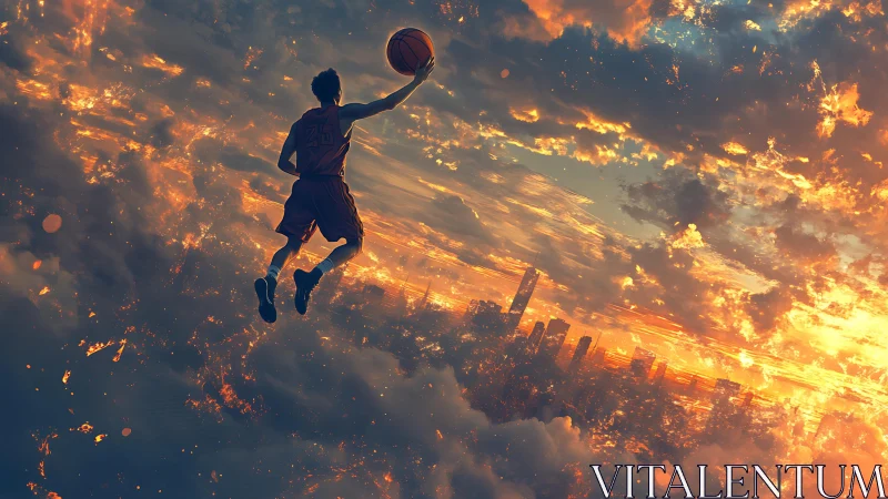 Basketball player silhouette elevated above illuminated city