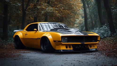 Autumn street beast, yellow muscle car prowling forest road.