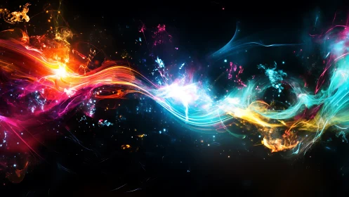 Vibrant flowing light streaks on deep black background.