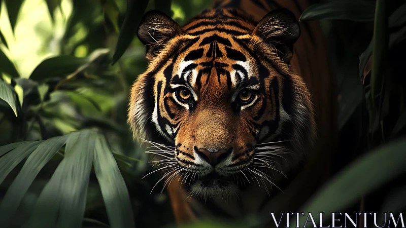 Jungle-eyed tiger stalks through emerald shadowed leaves.