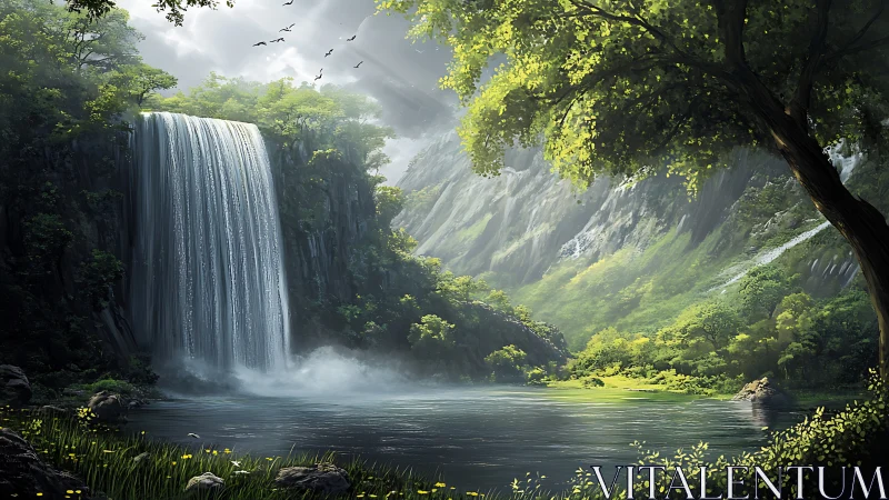 Sunlit forest waterfall pours gently into a calm green pool