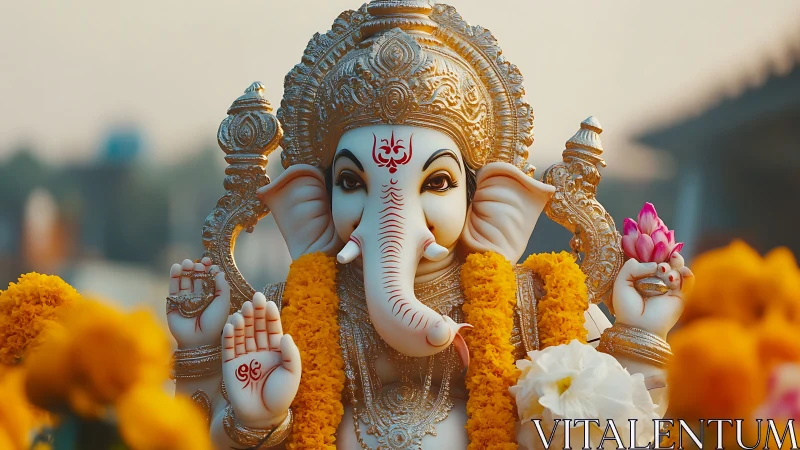 Radiant Ganesh idol in marigold garlands and soft dawn glow.