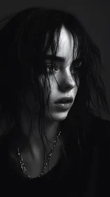 Brooding monochrome portrait of young woman in shadowed light.