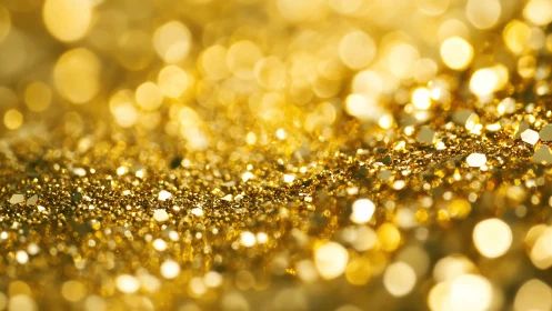 Macro view gold glitter bokeh with luminous highlights.