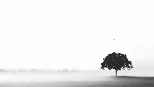 Solitary tree rises in soft morning misty horizon.