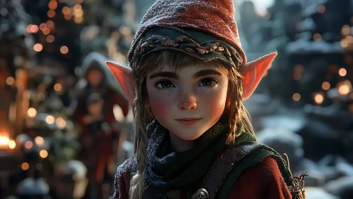 Rendered elf child portrait shows detailed winter clothing