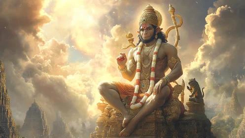 Divine simian deity seated on ornate throne under volumetric clouds
