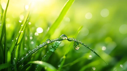 Morning dew pearls on vivid green grass blades.