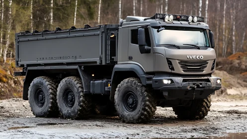 Heavy-duty Iveco 8x8 off-road dump truck in muddy forest site