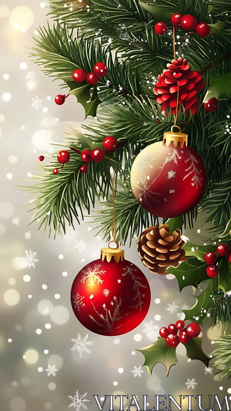 Red ornaments and pine cones on decorated Christmas branch.