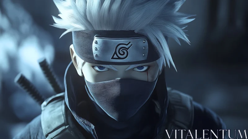 Silver haired ninja prowls through moonlit, misty silence.