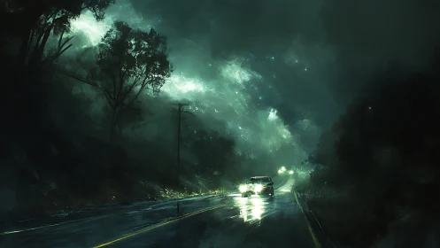 Night highway drifts through misty forest and spectral light.
