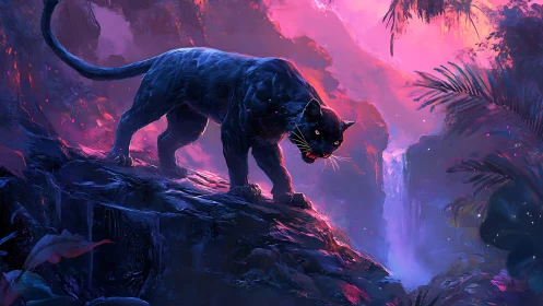 Dark feline silhouette positioned on terrain with luminescent environmental elements