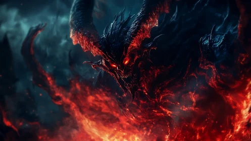 Infernal horned demon emerging from molten fire vortex.