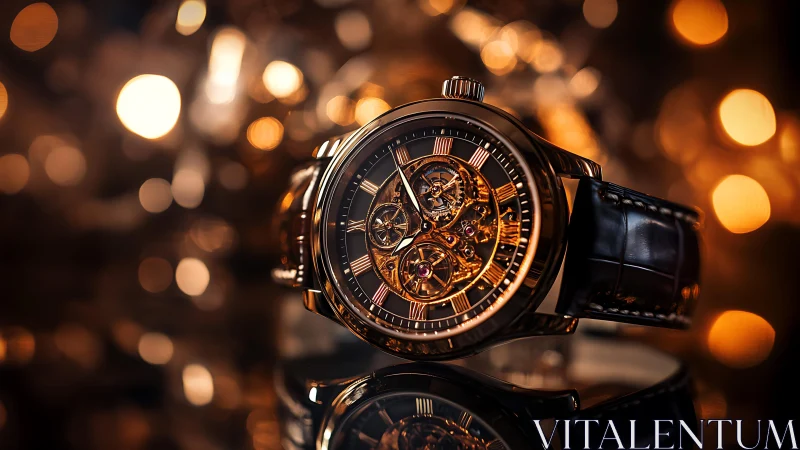 Luxury skeleton watch with bokeh highlights in warm light.