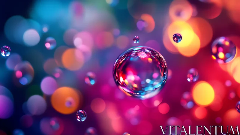 Chromatic liquid spheres over neon bokeh gradients.