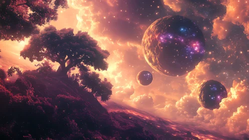 Celestial spheres float above glowing magenta alien forest.