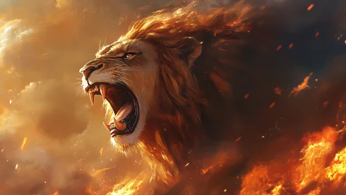 Lion head profile in firelit environment, roaring outward.