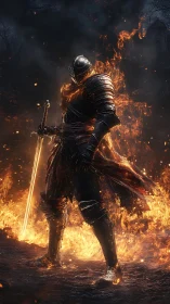 Flaming armored knight stands amid infernal battlefield blaze.