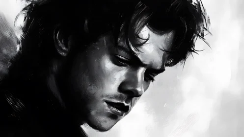 Melancholic portrait of a brooding young man in grayscale.