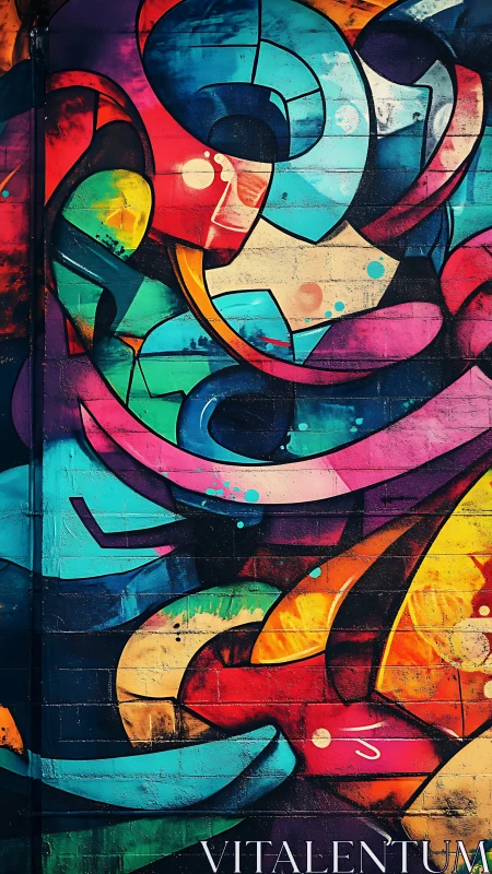 Geometric street mural with layered chromatic arcs on brickwork.